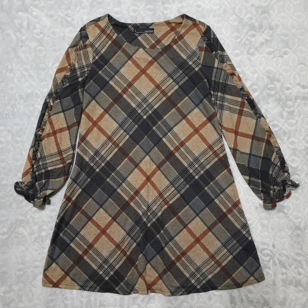 CHETTA B Bias Plaid 3/4 Sleeve Mini Knit Dress, Ruffle Details, Size M - Picture 10 of 15